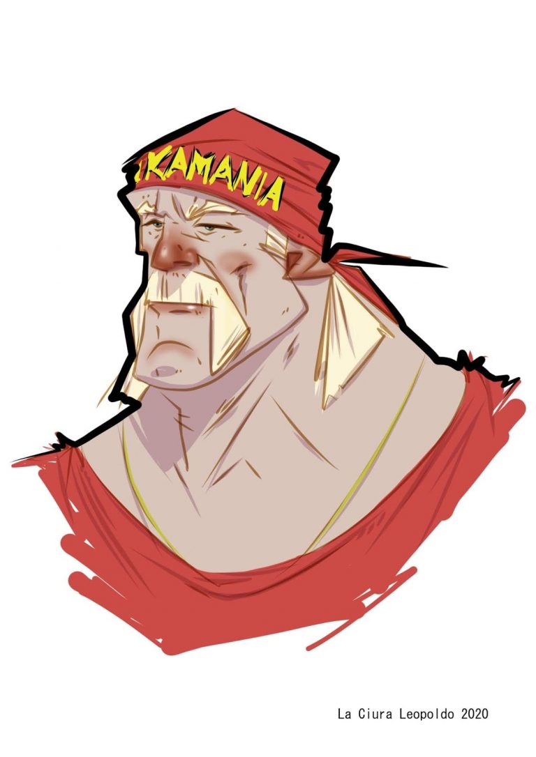 Ritratto fumettistico di Hulk Hogan realizzato da Leopoldo La Ciura nel 2020, con bandana gialla, baffi biondi e posa iconica da campione del wrestling.” “Comic-style portrait of Hulk Hogan created by Leopoldo La Ciura in 2020, featuring yellow bandana, blond mustache and iconic wrestling pose.