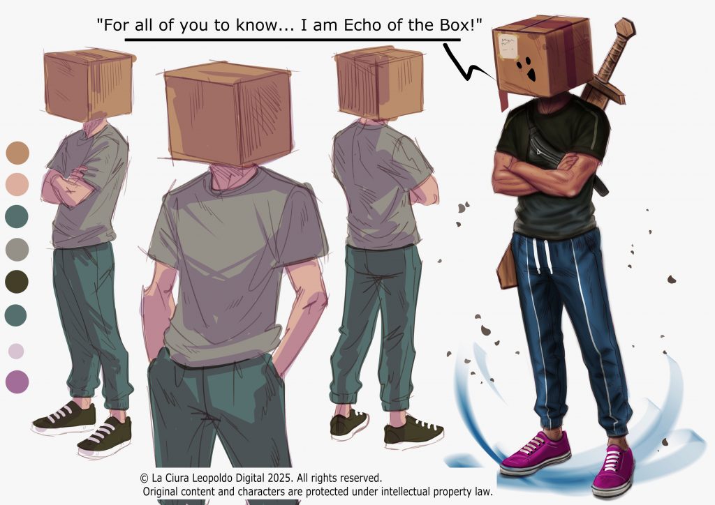 Echo concept art: urban character with cardboard mask, sword on back, and mysterious pouch. Minimalist streetwear-inspired design, perfect for indie games and visual storytelling.