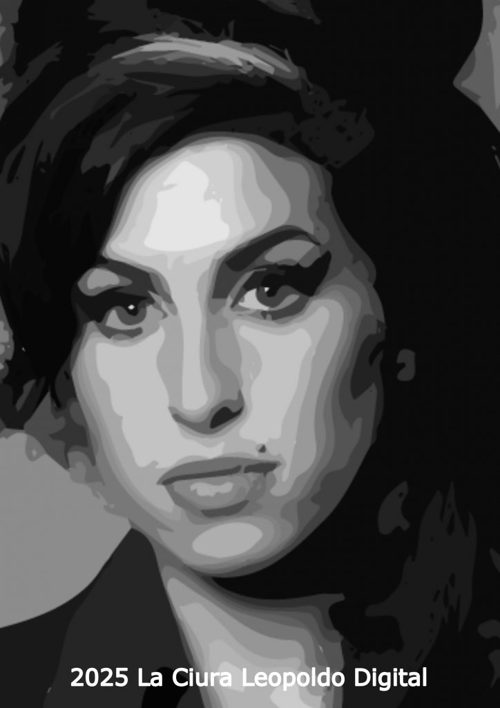 Digital portrait of Amy Winehouse by Leopoldo La Ciura, featuring her iconic beehive hairstyle, soulful gaze and painterly style that honors her fragile and eternal spirit.