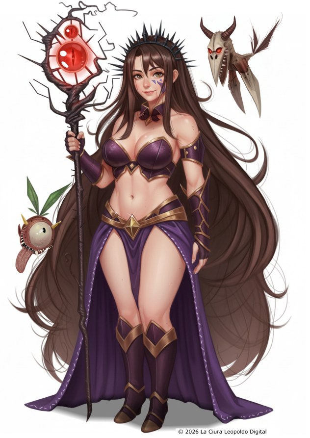 Colored illustration of Syra, a dark fantasy sorceress with two demonic creatures.