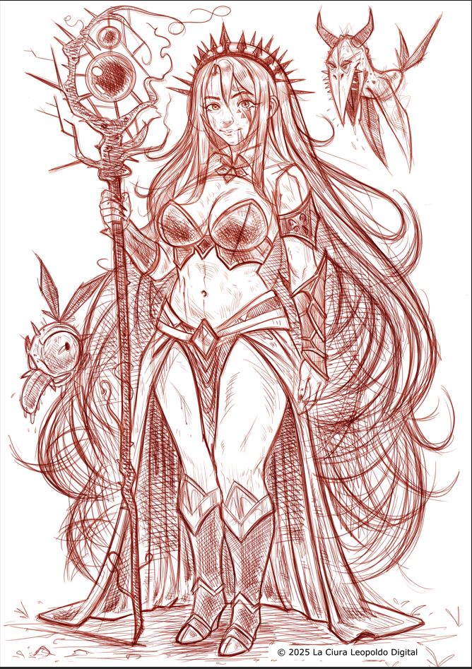 Digital illustration of Syra, a dark fantasy female character with magical staff, flanked by two demonic creatures.