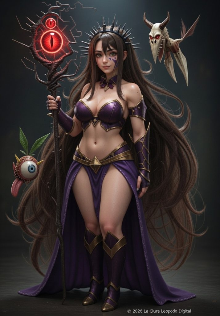 3D‑style render of Syra, a dark fantasy sorceress with two demonic creatures