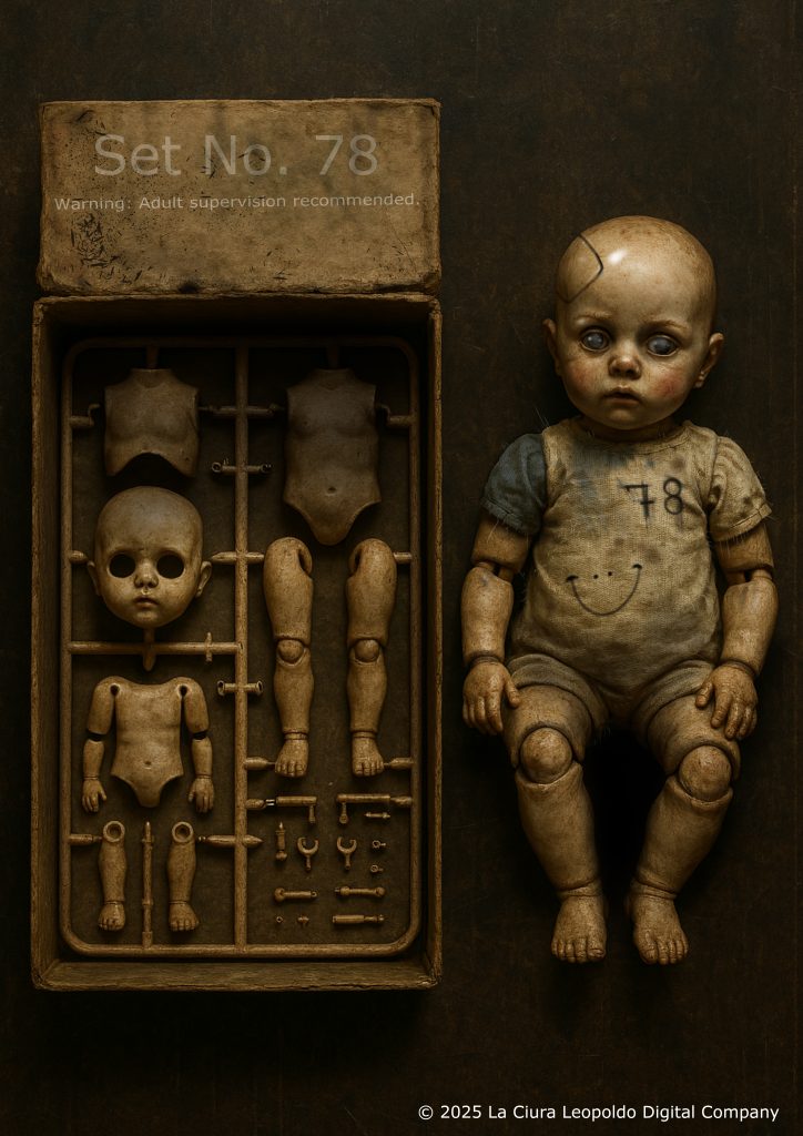 The image shows a vintage doll set labeled "Set No. 78" with a warning that adult supervision is recommended. The set includes various parts of the doll such as the torso, arms, legs, and small accessories. The doll is dressed in a worn outfit with the number 78 and a smiley face on the shirt. The set is produced by La Ciura Leopoldo Digital Company in 2025.