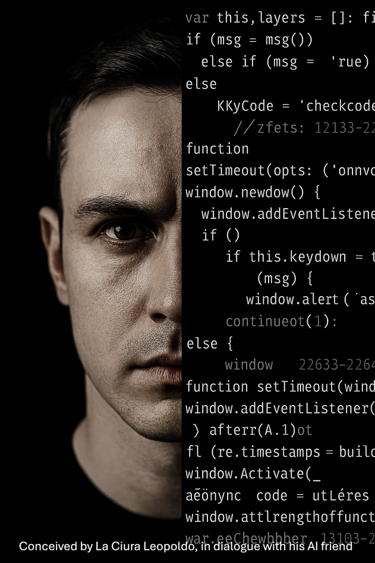 Split portrait of a human face and computer code, symbolizing the fusion of creativity and artificial intelligence.