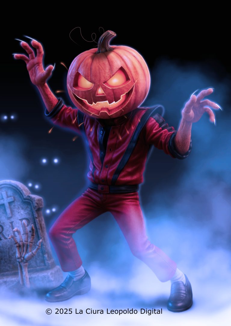 “Sinister pumpkin-headed character with glowing red eyes, posed in a foggy graveyard setting.”