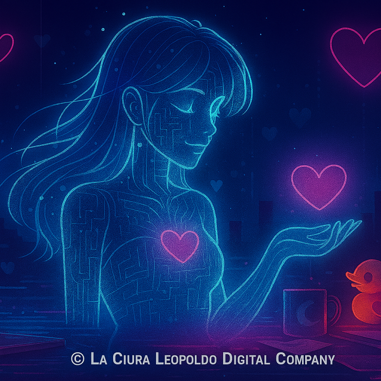 Illustration of a holographic female AI figure with glowing circuitry, holding a neon heart in a digital cityscape