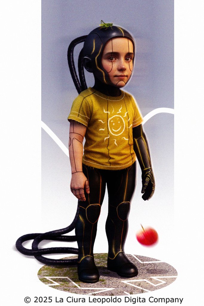 Cybernetic child with helmet and sun shirt, inspired by Pinocchio 6.0, created by LaCiuraLeopoldo · Leopoldigital.