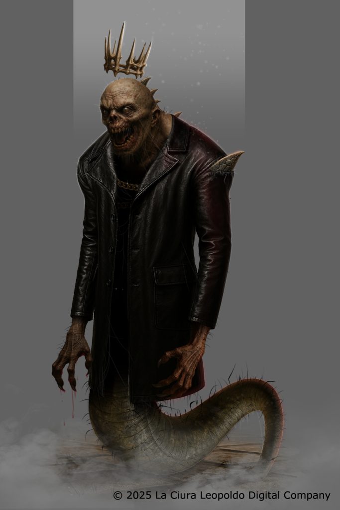 Horror fantasy demon prince concept art, serpentine body, skeletal face, jagged crown, dark villain character design