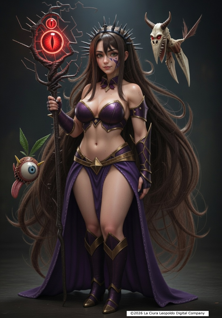 3D‑style render of Syra, a dark fantasy sorceress with two demonic creatures