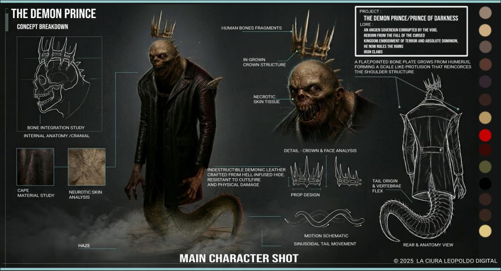 Horror fantasy demon prince concept art, serpentine body, skeletal face, jagged crown, dark villain character design