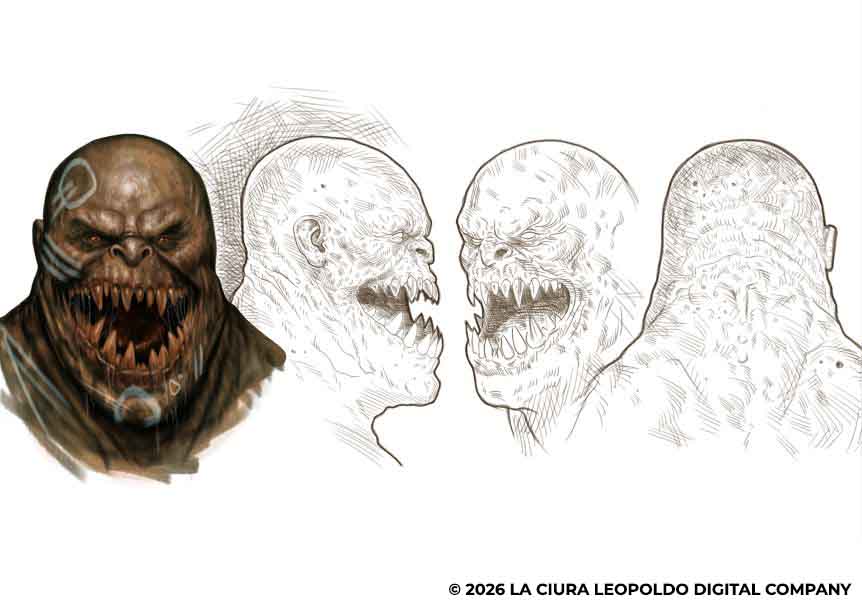 “Creature design sheet of a monstrous humanoid with full render and multiple head angle sketches.”