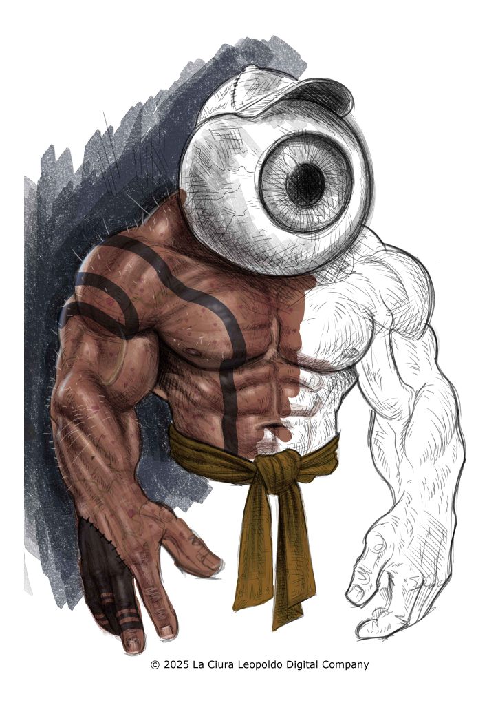 Stylized humanoid creature concept with an eyeball head, half rendered and half sketched.”