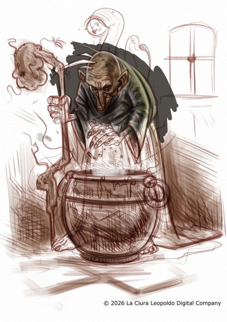 “Goblin-like creature stirring a cauldron — fantasy concept art illustration.”