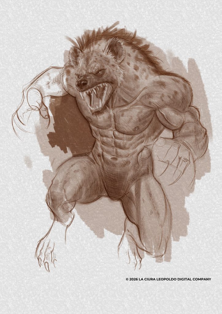 “Hyena humanoid creature concept — anatomical study and fantasy character design.”