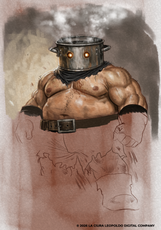 Muscular humanoid character with a cooking pot for a head, glowing orange eyes, steam rising from the lid, detailed torso rendering with scars and belt, lower body in sketch phase.
