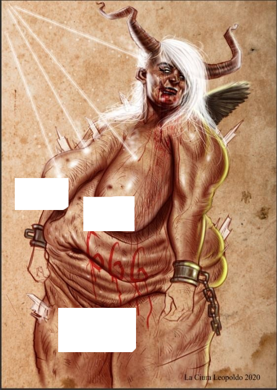 “Horror creature concept of a chained demonic humanoid with wings, horns and symbolic markings.”
